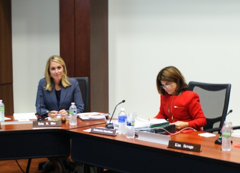 Board Chair Erin Birt, left, and Vice Chair Kathy Hamilton await the start of the College of DuPage board of trustees meeting on Aug. 21, 2014. Birt and the majority of the board voted to censure Hamilton.