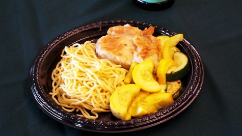 This is the meal that the Upper Class attendants were given at the Oxfam Hunger Banquet on Nov. 7, 2014. This meal included chicken breast, spaghetti and slices of squash. 