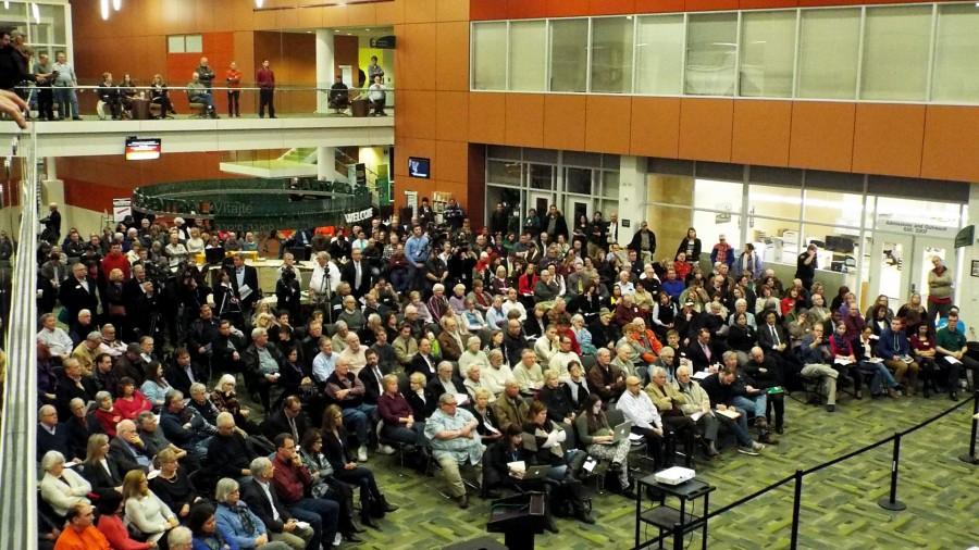 The crowd of district 502 citizens at the Board of Trustees meeting in the Student Life area of the College of DuPage on Jan. 28. 