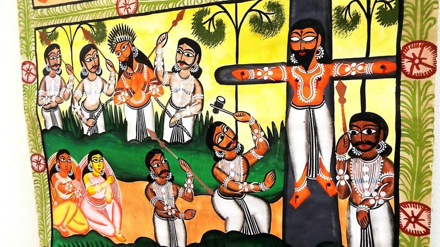 Story of Christ, an artwork created by Mantu Chitrakar on display at the Cleve Carney Art Gallery. This piece is being sold for $700. 