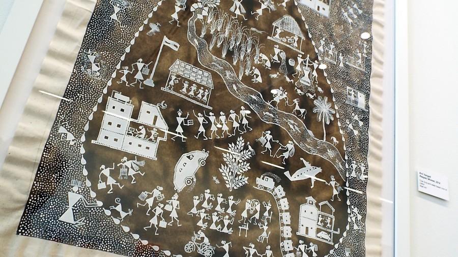 Respect Women, a piece by Anvil Vangad on show at the Cleve Carney Art Gallery. This piece is made of primarily cow dung and water-based color. 