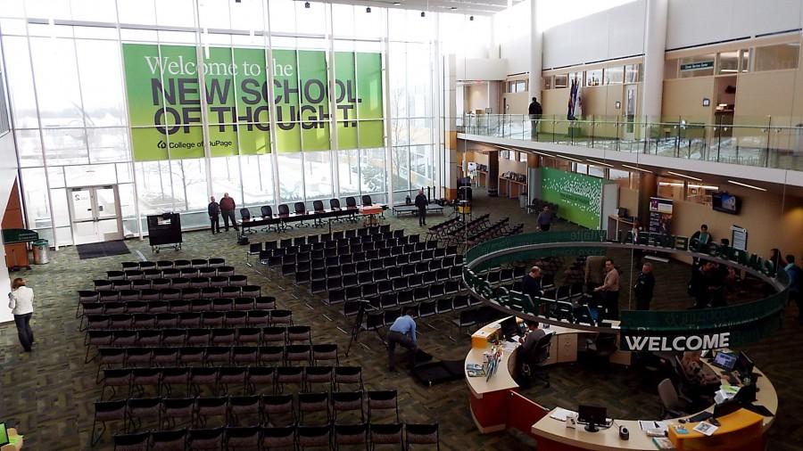 The Student Life area becoming the home for a Board of Trustees meeting at the College of Dupage on Jan 28. 