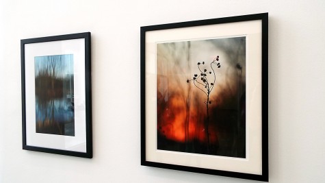 The pieces “Winter River Reflections” by Becky Jane Davis (left) and “Silhouette Glow” by Dee Hudson (right) at the Wings Student Art Gallery in the College of DuPage on Jan. 28. 