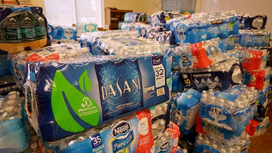 A pile of bottled water cases in a room inside the Henry J. Hyde Resource Center in Addison, Ill. on Jan. 30.