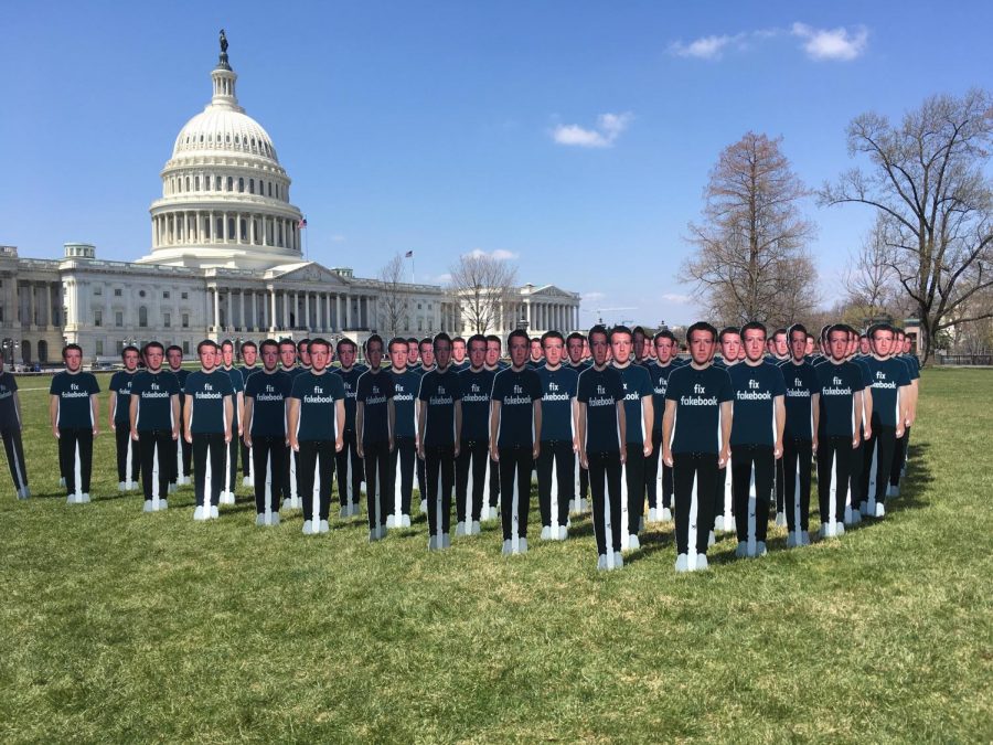 LIfe-sized cutouts of Facebook CEO Mark Zuckerberg in the Capitol Lawn hours before he appeared before the Senate Judiciary Committee 