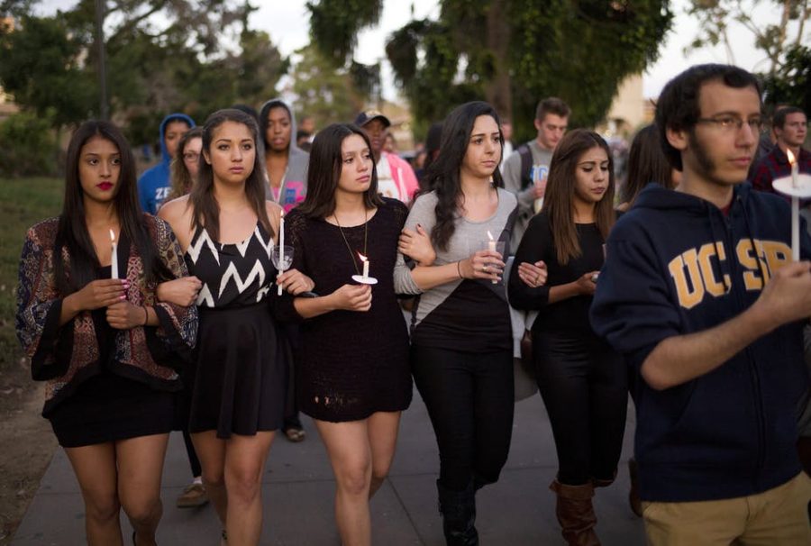 Students march on the campus of the University of California, Santa Barbara to honor the six victims of a mass killing after a young man went on a rampage after being bitter over sexual rejection. 
