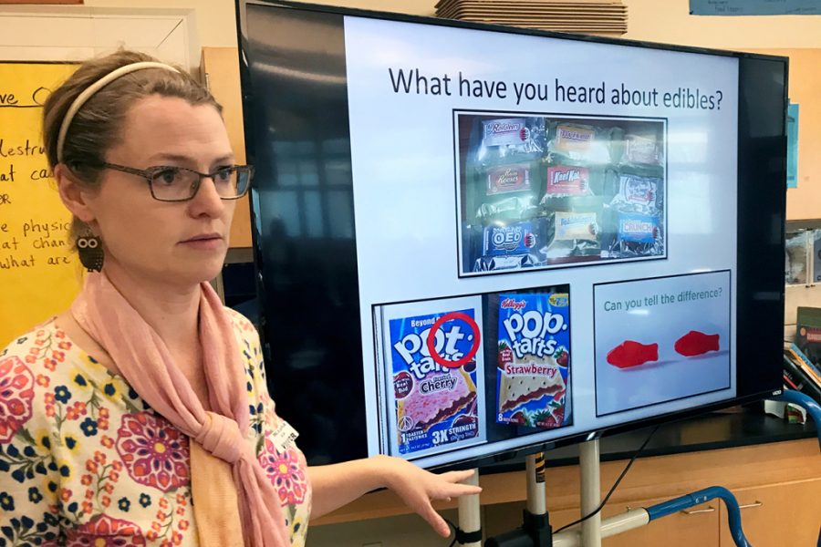 Dawn Charlton, an instructor with Being Adept, leads a discussion on marijuana for sixth-graders at Del Mar Middle School in Tiburon, California. (Carrie Feibel/KQED)