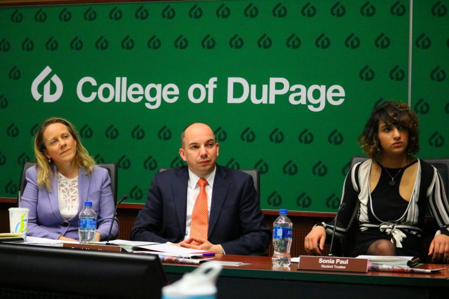 Board Chairman Deanne Mazzochi, Vice Board Chairman Frank Napolitano and Student Trustee Sonia Paul in a monthly Board of Trustees meeting in April 2018.