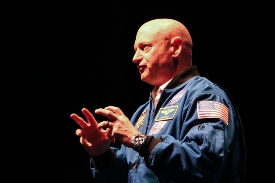 Former astronaut Mark Kelly speaks at the College of DuPage, bringing audience members on a voyage, explaining how the lessons he’s learned throughout his life have shaped the leader he has become 