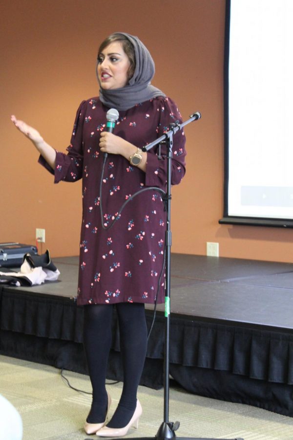 Elected official Bushra Amiwala speaks before the College of DuPage in an event hosted by the schools Girl Up club on empowering women in politics (photo by Kate Zadell)