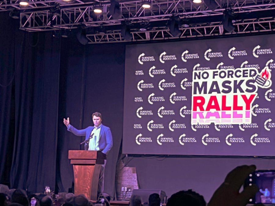 Charlie Kirk addresses his audience at the Arcada Theatre. 