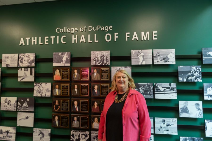 Vatchev standing in front of the Athletic Hall of Fame in CODs Phyiscal Education Ctr. 
