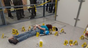 A mock crime scene in the forensics lab, where Professor Miller’s Forensic CSI class studied crime scene sketches on September 1st.