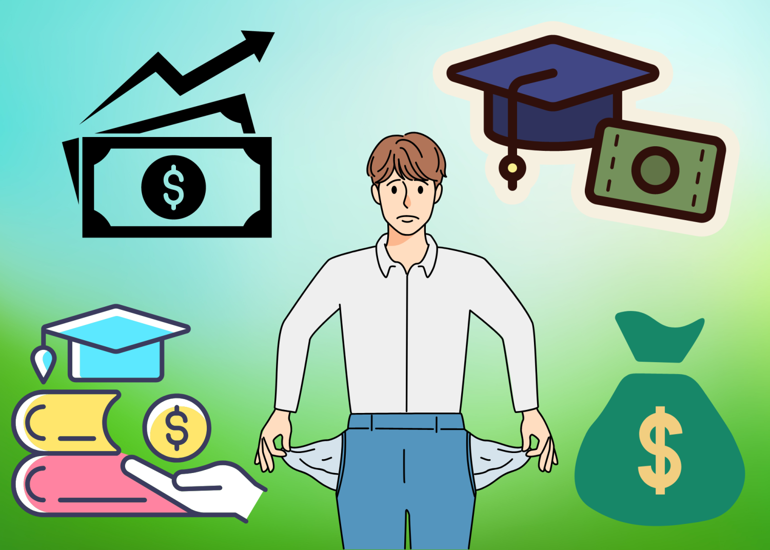 Graphic showing a student with empty pockets.