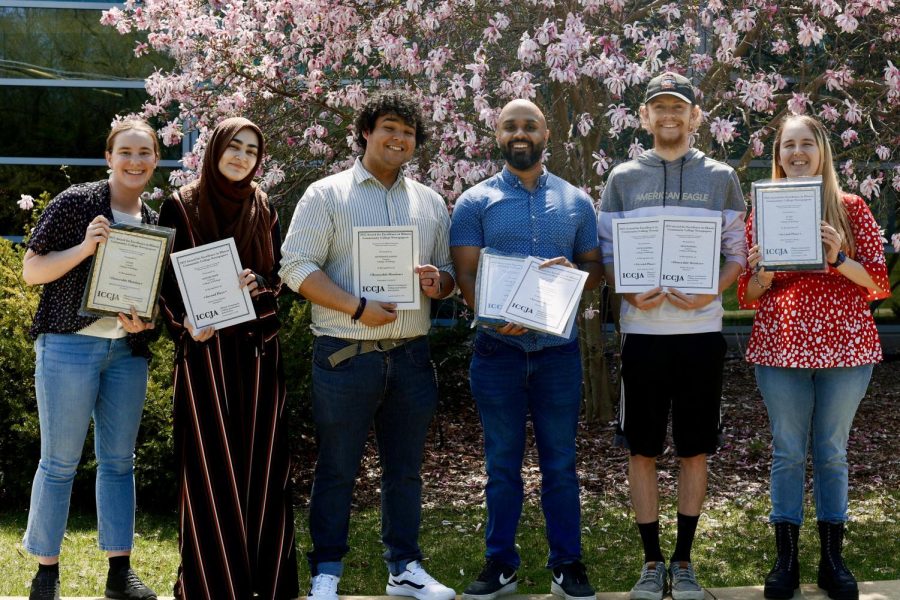 Courier Staff Holding Awards. 
(from left to right) Rachel Wagner, Zainab Imam, Antonio Llanos, Devin Oommen, Nick Karmia and Sarah Kueking