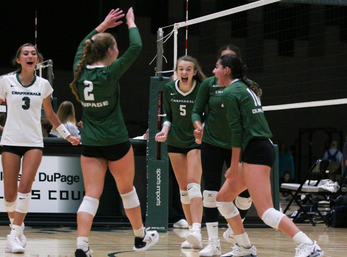 COD women’s volleyball team cheers after scoring a point.