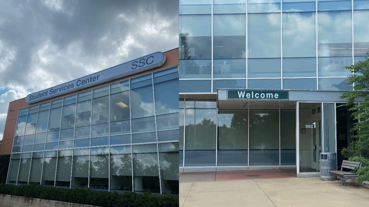 The main entrance of the Student Services Center (SSC) at College of DuPage is one of several locations on campus set to evolve. 