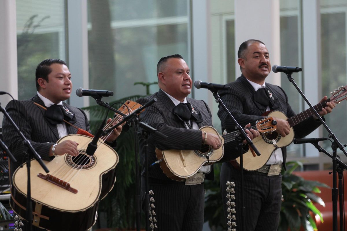 Three members of Mariachi Monumental de México perform on the guitar. 