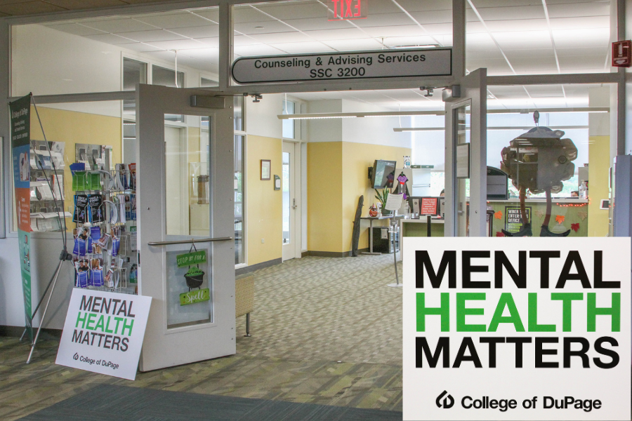 Counseling and Advising Services office, with "mental health matters" sign