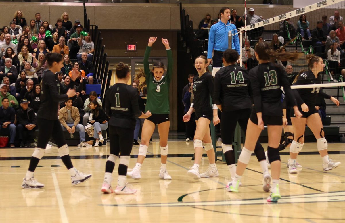 COD women’s volleyball team celebrates after scoring a point.
