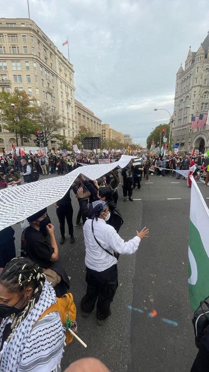 Protestors at the March on Washington: Free Palestine carry a paper bearing names of more than 4,000 Palestinian children killed in Gaza.