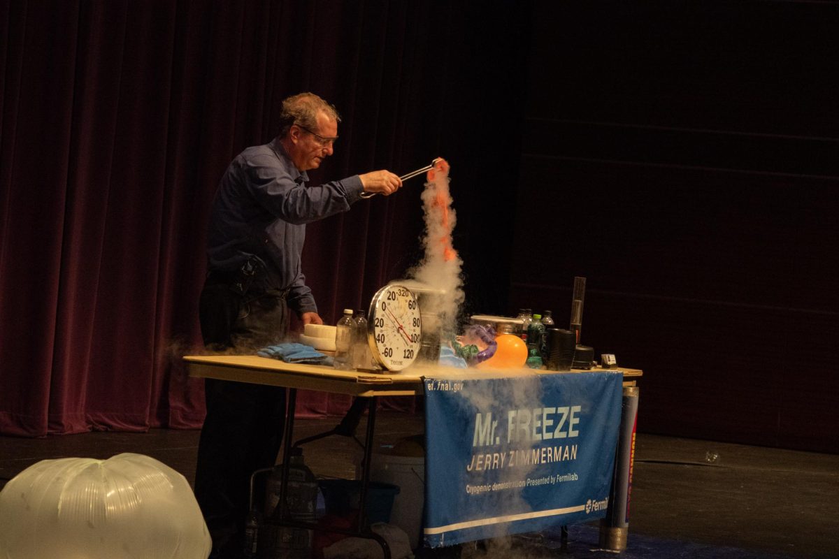 Mr. Freeze at Fermilab shows the properties of cryogenics and extreme cold using Liquid Nitrogen.