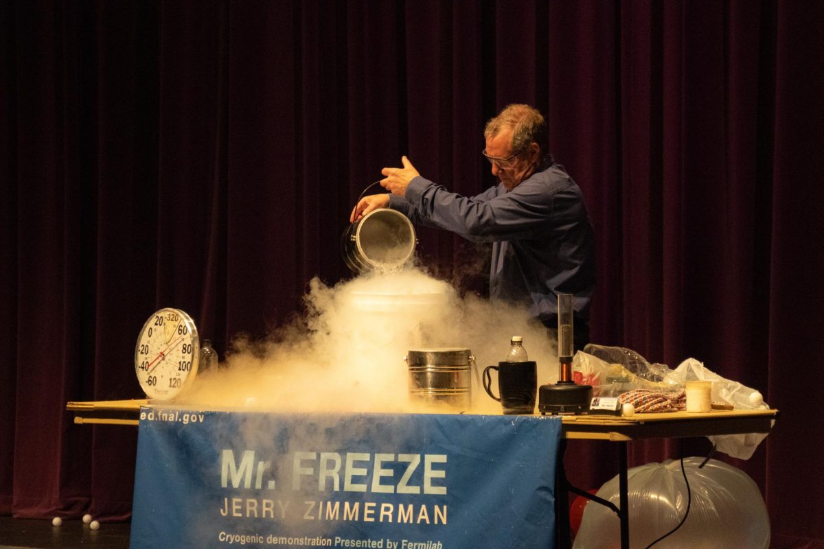 Mr. Freeze at Fermilab shows the properties of cryogenics and extreme cold using Liquid Nitrogen.