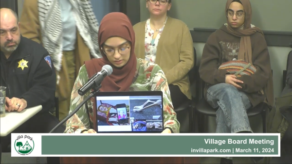 Villa Park resident in support of cease-fire shows images of Palestinian child with extreme starvation. (Photo from Village of Villa Park YouTube channel)