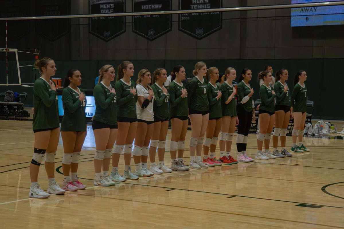 The team lining up for the national anthem.