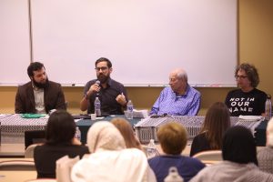 (Left to right) Osama Abdl-Haleem, Ben Norquist, Awad Sifri, and Deborah Adelman speak at the Voices of Resistance discussion panel. 