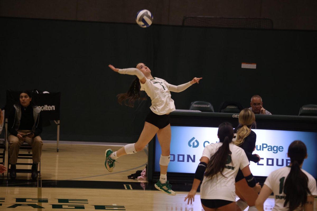 Freshman outside hitter Skylar Huffman spikes the ball. 