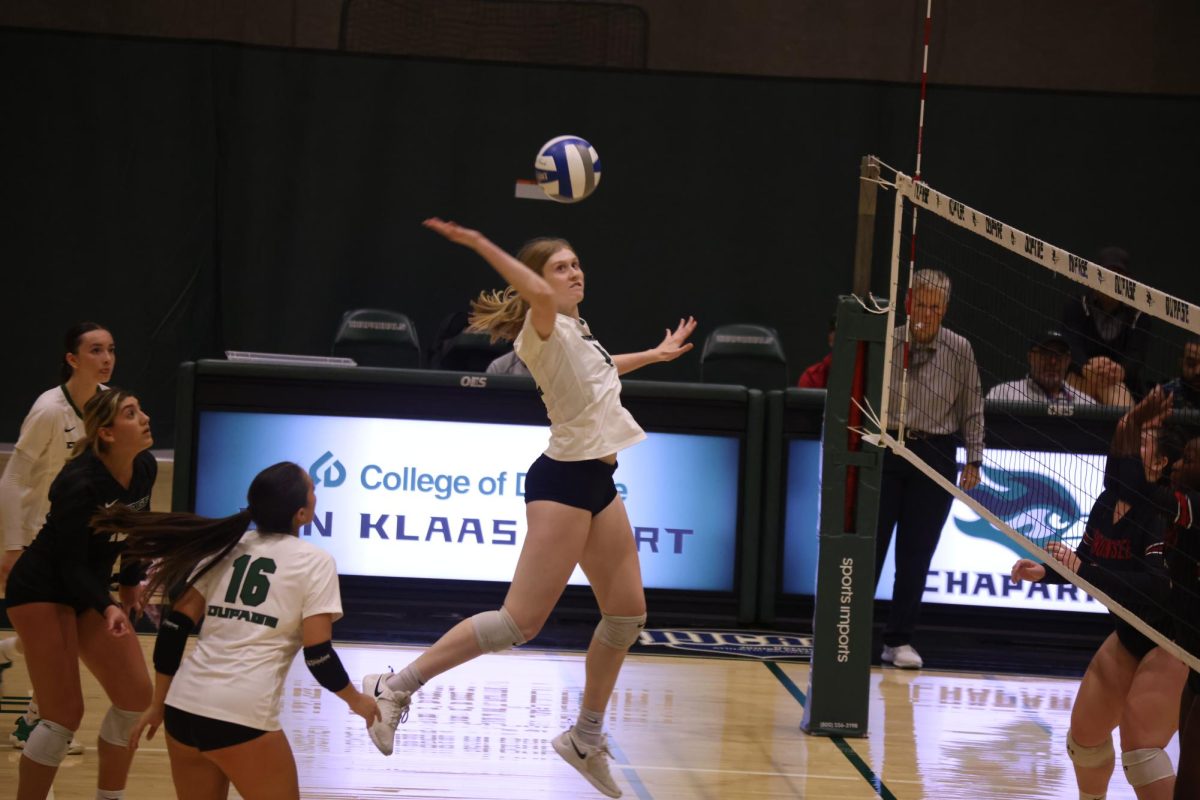 Sophomore middle hitter Josephine Becker spikes the ball. 