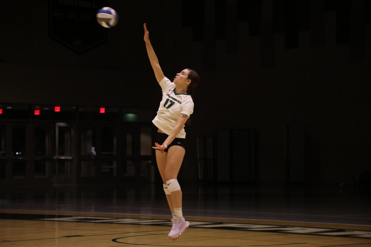 Freshman middle hitter Samantha Hornbogen serves. 