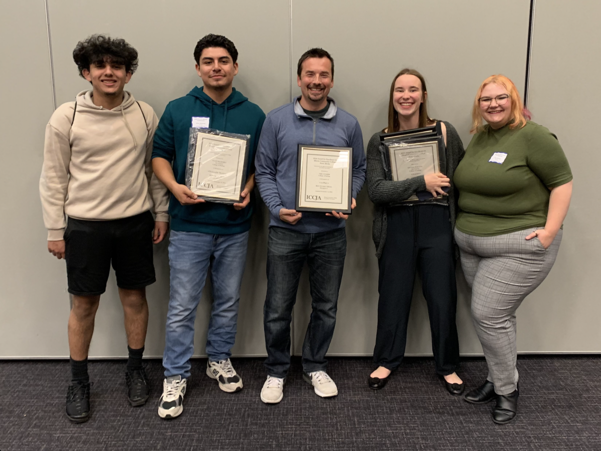 (From left to right) Sports Writer Carlos Allen, Sports Writer Adam Belmares, Courier Adviser Jim Fuller, Photographer Rachel Wagner and Editor-in-Chief Bee Bishop pose with ICCJA Awards.