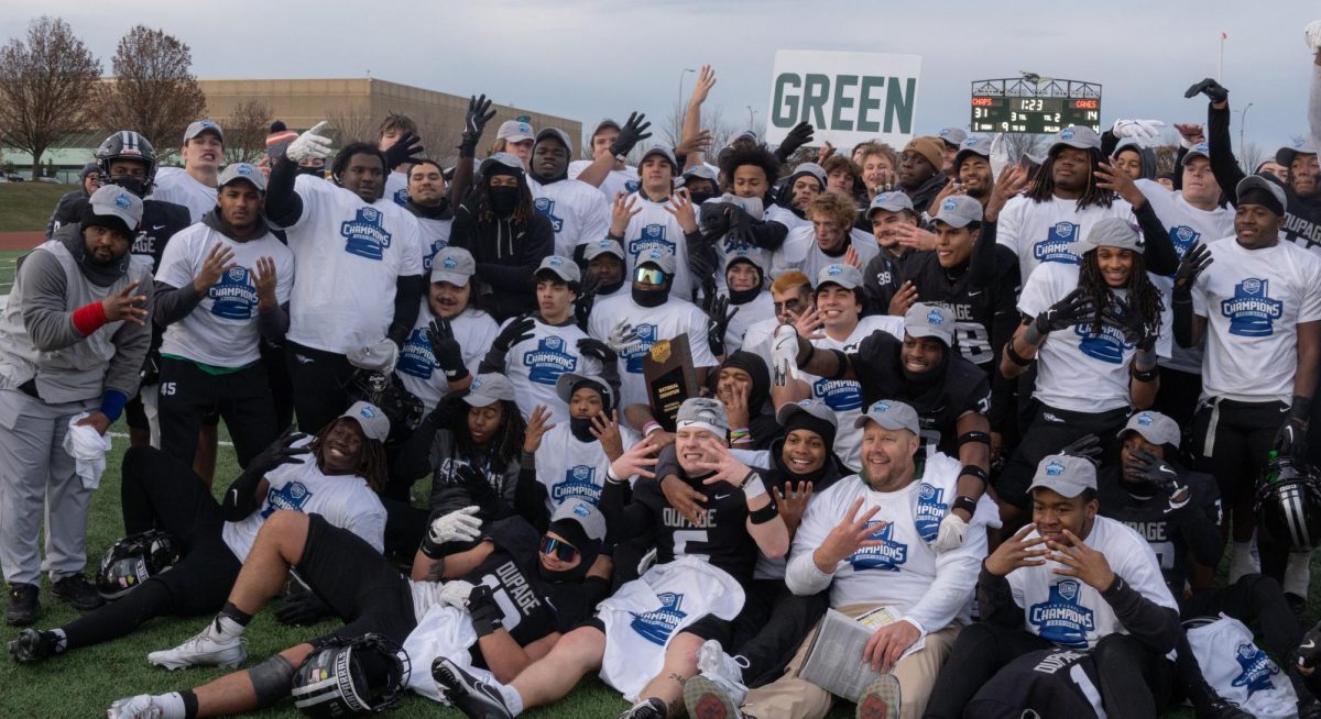 The COD football team celebrates after winning the national championship. 