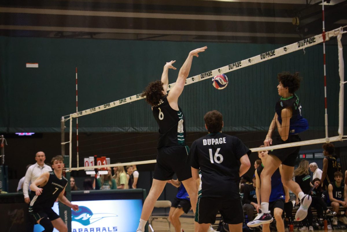 Sophomore middle blocker Justus Barbel blocks the ball. 