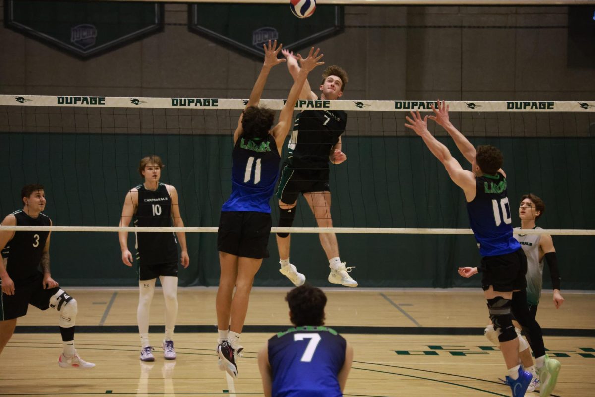 Freshman outside hitter Braeden Zant jumps to spike the ball. 