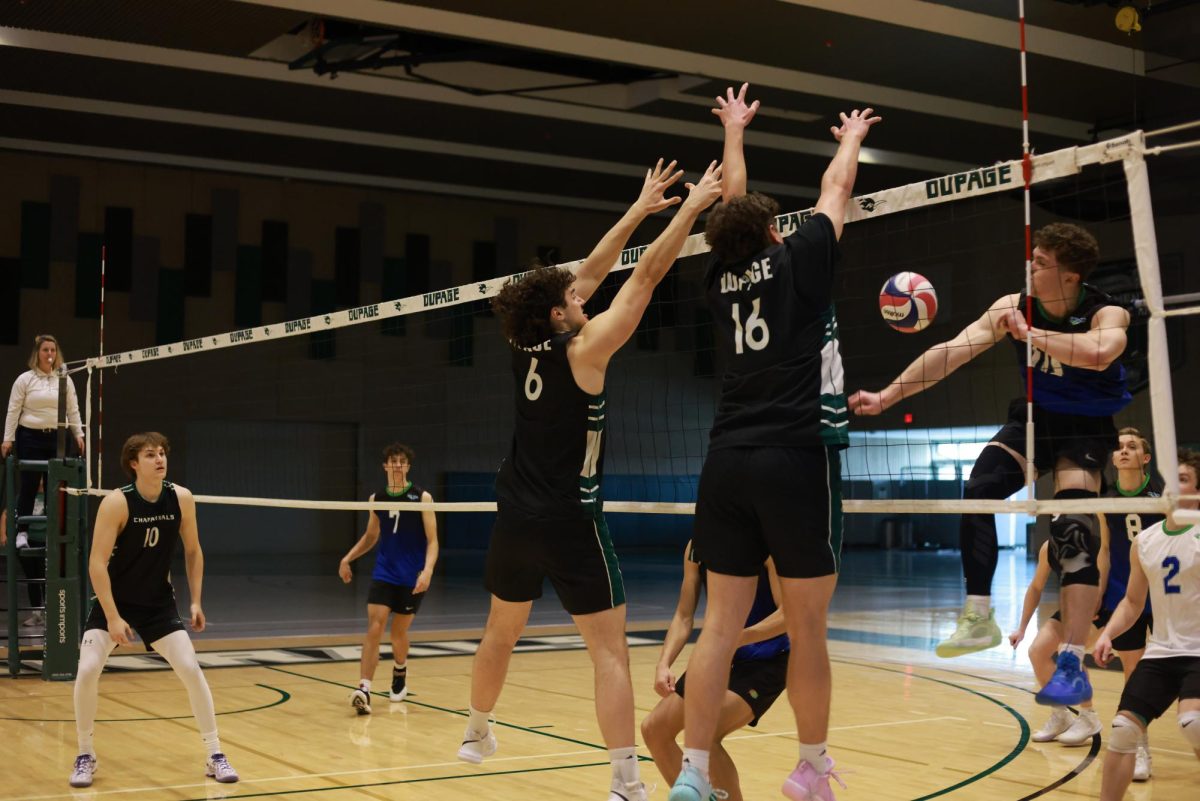 Sophomore middle blocker Justus Barbel and freshman right side Danny Overlin block the ball. 