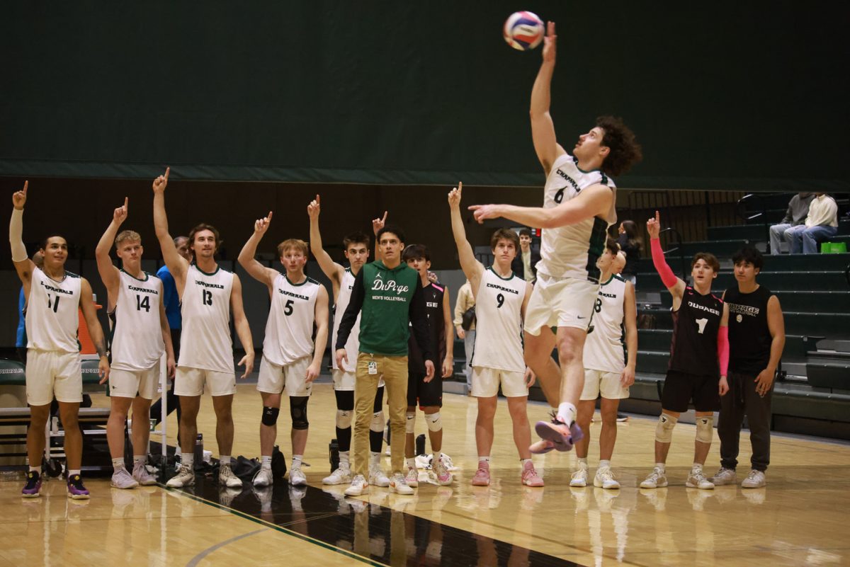 Sophomore middle blocker Justus Barbel serves. 