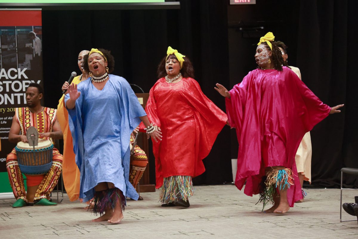 The Afrikan Dance and Music Institute performs in the Black History Month opening ceremony.