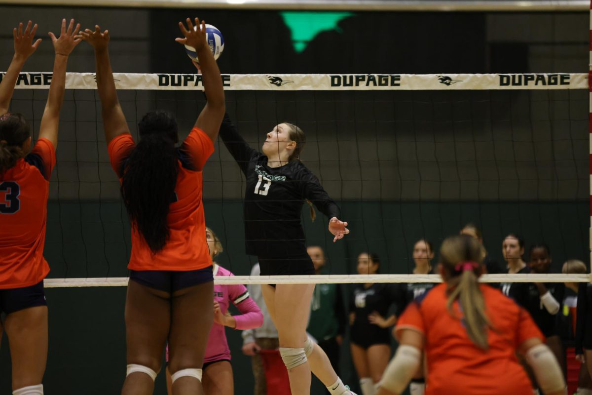 Freshman Claire Rambasek spikes the ball. 