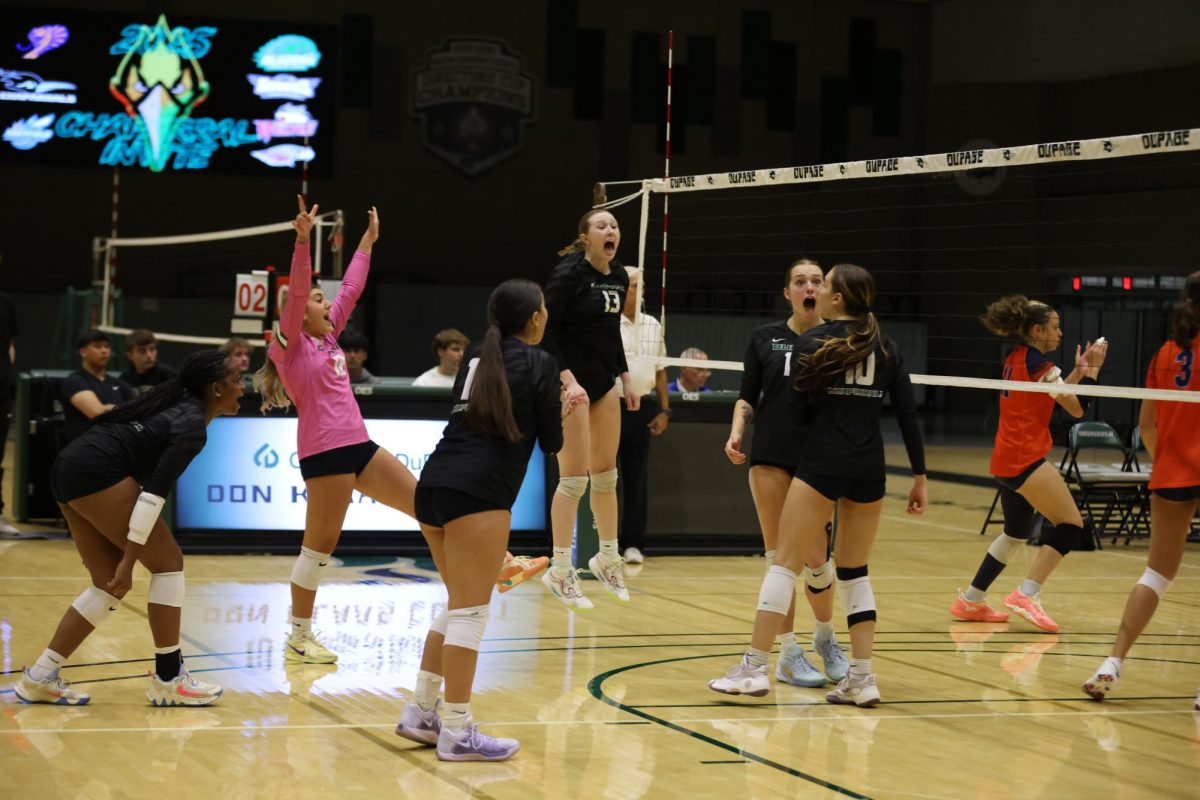 The College of DuPage women's volleyball team celebrates after earning a point. 