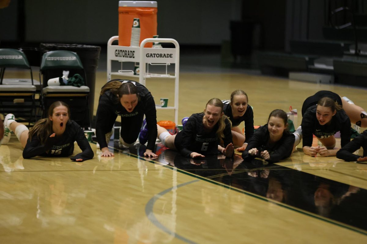 The College of DuPage women's volleyball team celebrates after earning a point. 