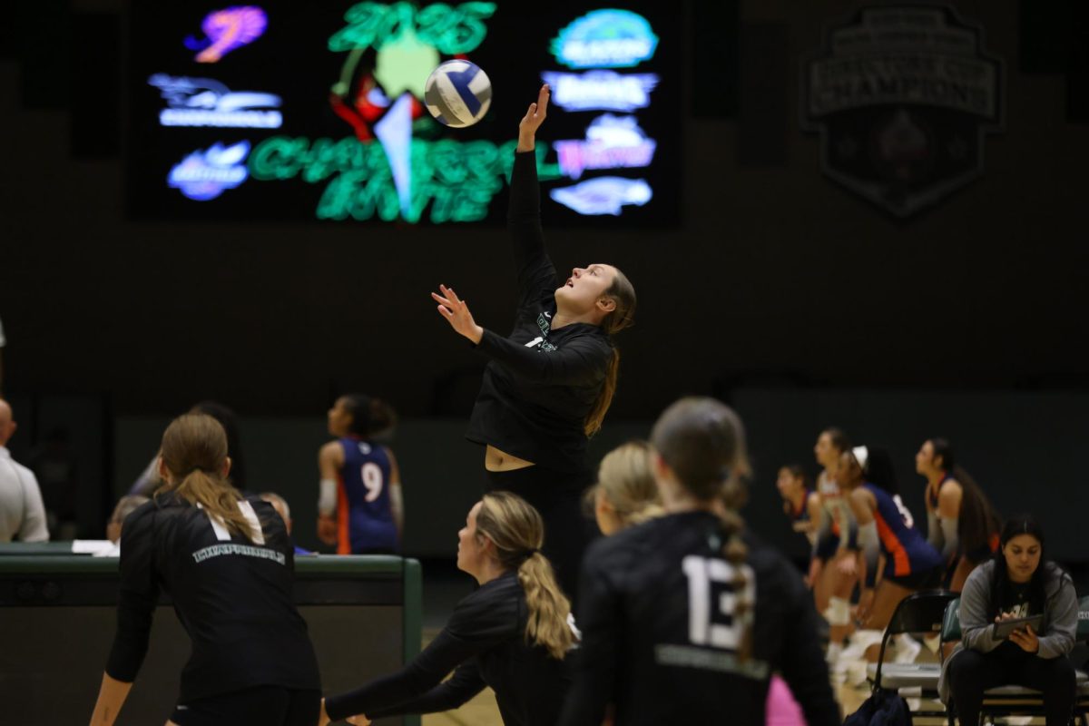 Freshman Attie Zanderson spikes the ball.
