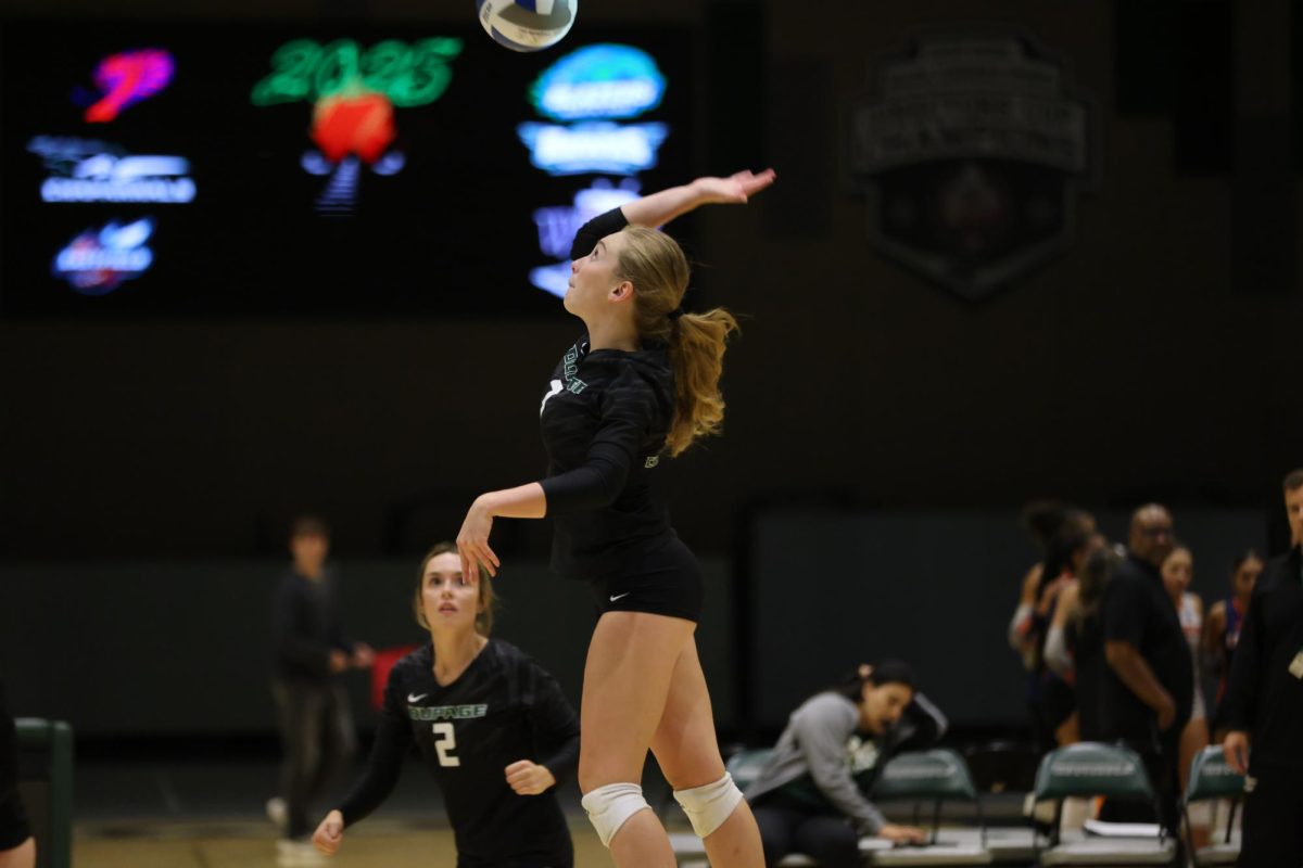 Freshman Jamie Loftus spikes the ball. 