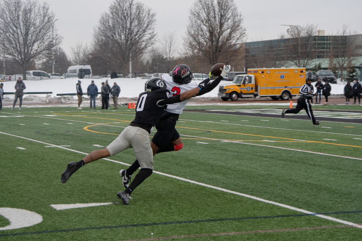 Nehemiah Jones reaches for the ball to break up a pass. 