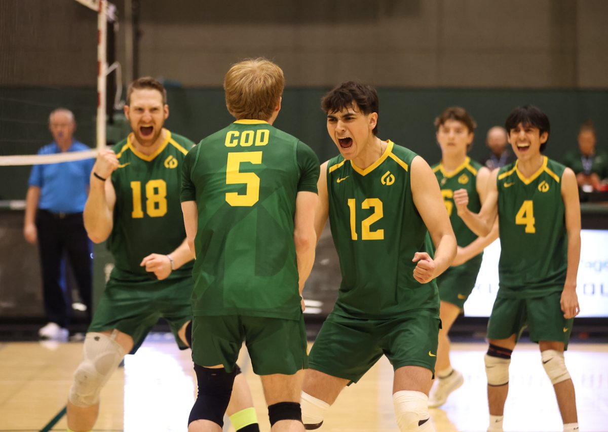 The COD volleyball team celebrates after winning their set. 