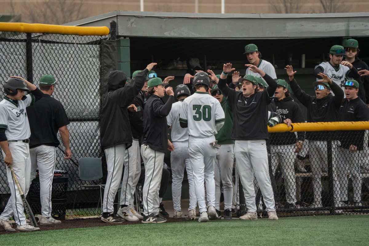 Players celebrating after getting a run.

