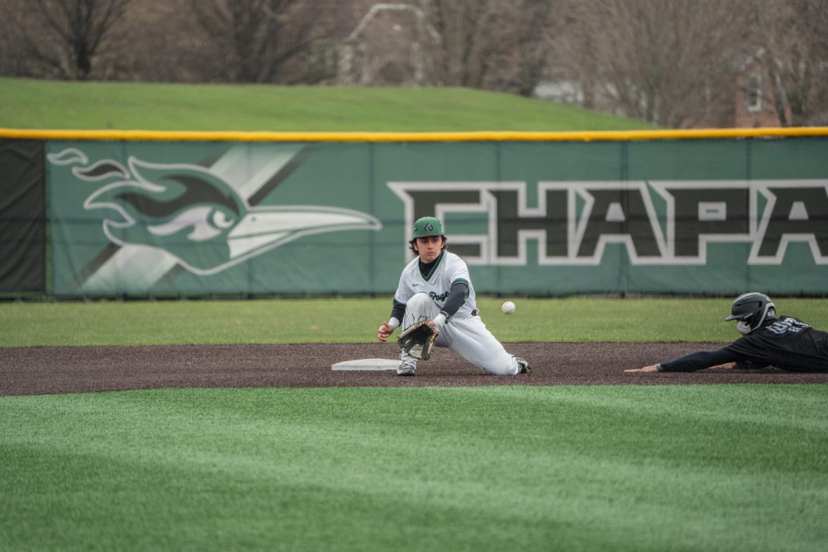 Number 16, Rocco Luciano kneeling near second to get a Panthers base runner out.