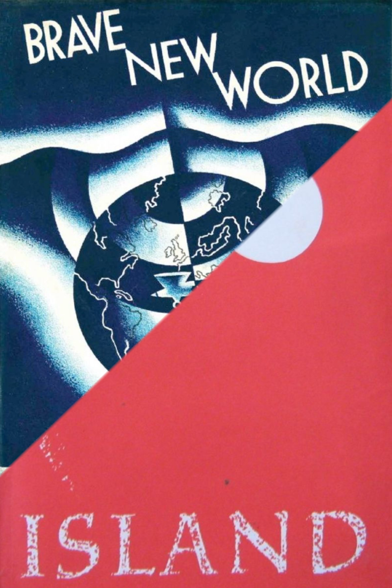A combination of the first edition covers of 'Island' and 'Brave New World'